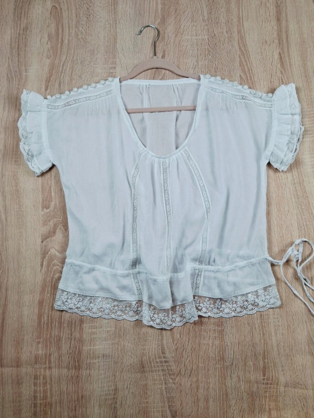 White Sz L Cotton Gauze Blouse Top Lace Trim Ruffle Peasant Boho, Fairycore